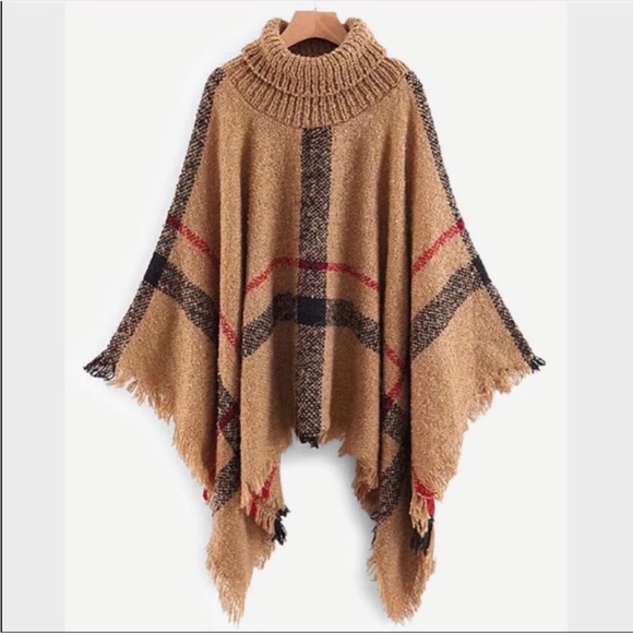 Cozy Plaid Nubby Knit Turtleneck Pullover Poncho Cape Cardigan Camel, Red, Black - Picture 5 of 5